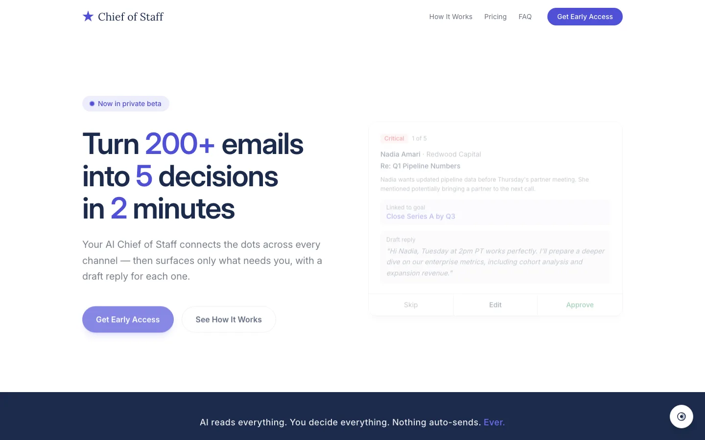 Chief of Staff — landing page hero with sample classified-inbox card showing a critical email and draft reply