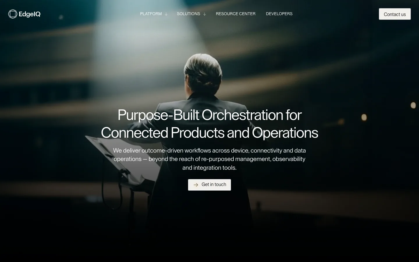 EdgeIQ Symphony — IoT orchestration platform marketing site, "Purpose-Built Orchestration for Connected Products and Operations"