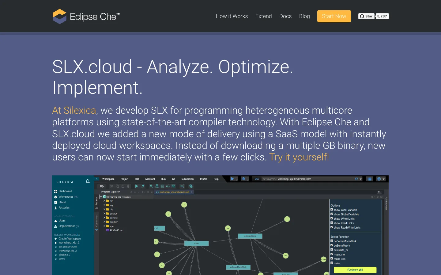 SLX.cloud — archived Eclipse Che landing showing the SLX C/C++ optimization product with embedded code-analysis graph visualization